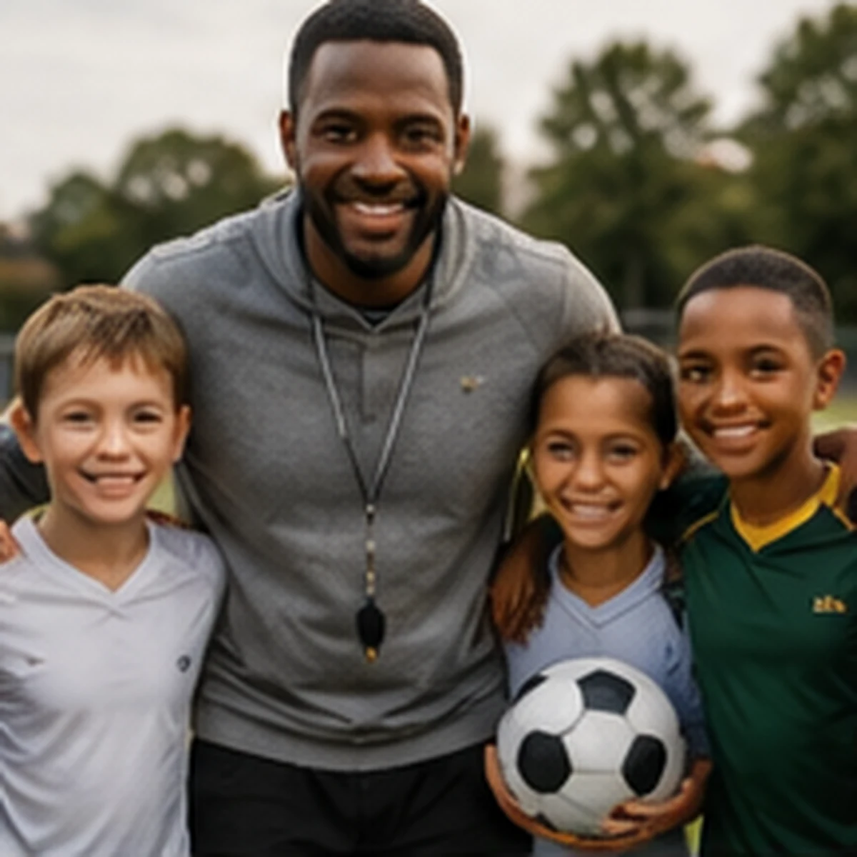 Coach standing with a group of smiling youth athletes wearing soccer, football, and basketball jerseys