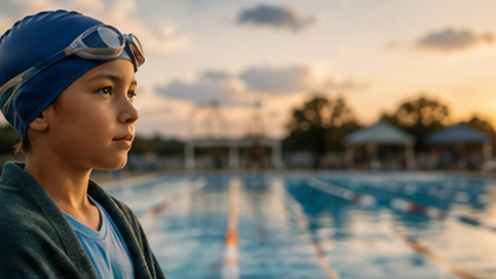 Young swimmer looking out at the pool at sunset