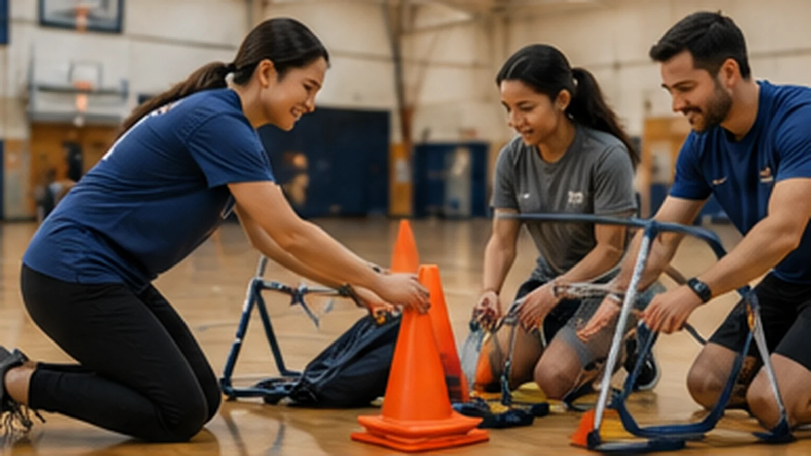 Volunteers setting up sports equipment together in a gym